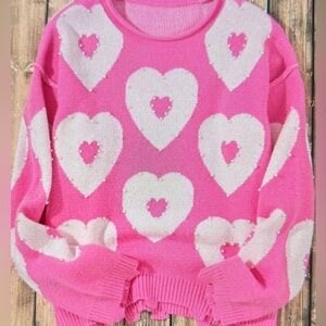 Pink Pearl beaded Heart Sweater Oversized